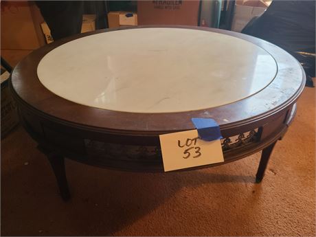 Large Round Wood & Marble Inlay Coffee Table