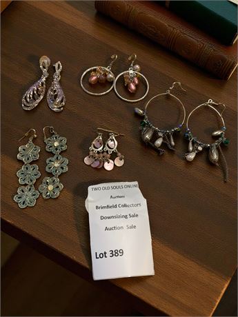 Iridescent Rhinestone Peacock Feather & Filigree Flower Dangle Earrings