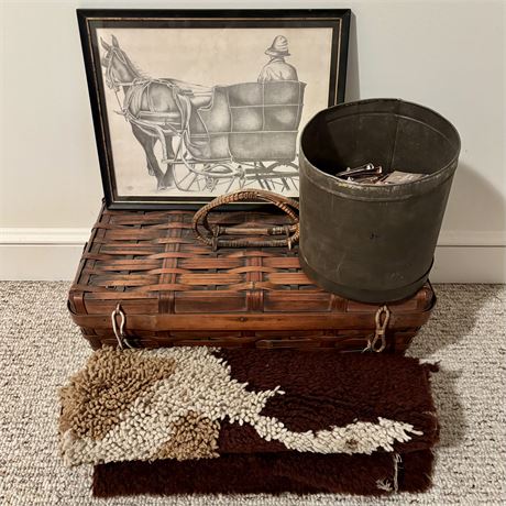 Primitive Antique Decor - Woven Basket, Throw Rug and More