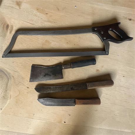 Antique Butcher Tools - Saw, Meat Clever, Butcher Knives