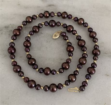 14k Gold & Genuine Burgundy/Bordeaux Pearl Beaded Necklace