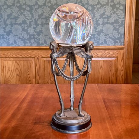 Rare French Empire Solid Glass Sphere w/ Brass Harpies Stand - 14.5”H