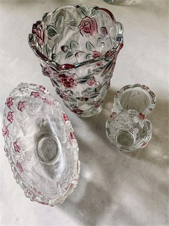 Mikasa Bella Rosa Pink Rose Crystal Vase, Oval Bowl & Votive Candle Holder Set