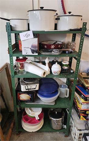 Metal Storage Shelf With Misc Kitchenware- Enamel Pots, Egg Steamer, Tupperware