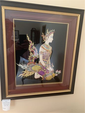 Framed Thai Silk Painting Depicting Mythical Being Kinnaree