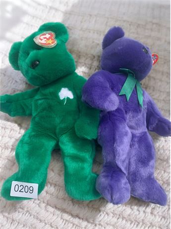 TY Beanie Babies Green Irish "Erin" and Blue "Employee Bear" Plush Bears