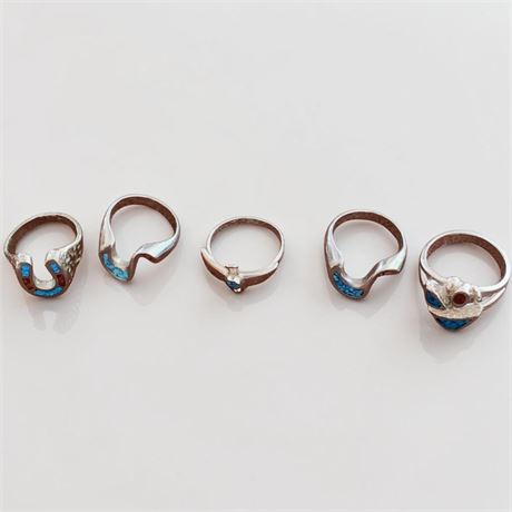Navajo Style Sterling Silver/Crushed Turquoise Inlay Rings (Lot of 5)