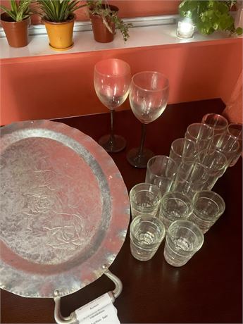 Silver Metal Serving Tray, Wine, Highball and Drinking Glass Lot