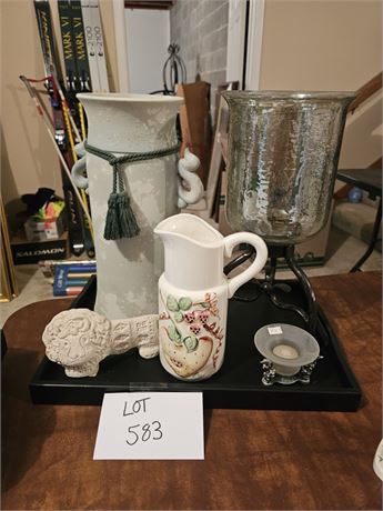 Mixed Decor : Green Floral Vase / Wood Tray / Glass Candle Holder & More