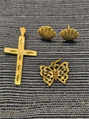 14K Gold Cross / Butterfly Pendant & Shell Earrings