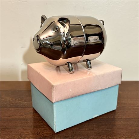 Mid Century Leonard Silver Tone Metal Coin Piggy Bank w/ Box, Hong Kong