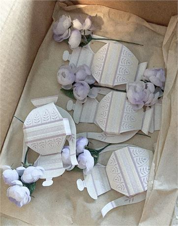 Purple/White Faux Flower & Cardstock Teapot & Birthday Cake Party Favors