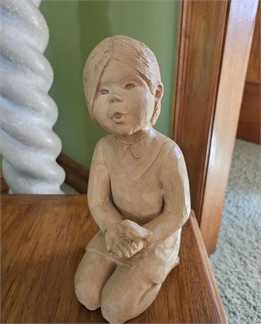 Lee Bortin Signed~ Original Clay Art, Girl Kneeling w/Bird