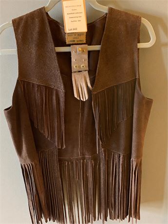 Vintage Dark Brown Genuine Leather V Fringe Vest Made In Mexico SIZE S