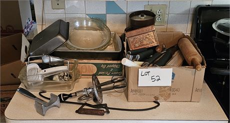 Mixed Kitchen Lot- Baking, Grill Kit, Antique Ice Tongs, Mixer, Gadgets & More