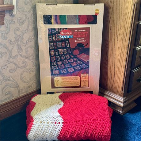New Murphy's Mart Afghan Crochet Kit and Lovely Red/White Afghan Blanket