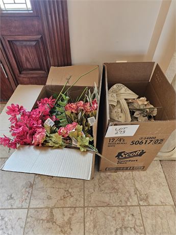 Mixed Misc Box Lot – Faux Flowers, Playing Cards, Small Decor, and More
