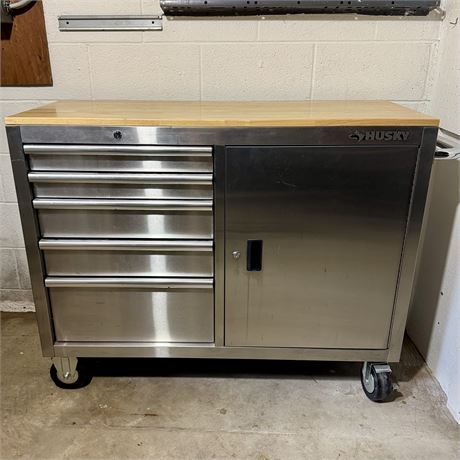 Husky 46" 5-Drawer Stainless Steel 1-Door Mobile Work Center w/ Wood Top
