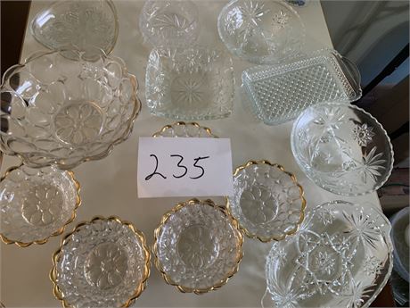 Vintage Jeanette Depression Glass Bowls With Gold Rims, Large Thumbprint Bowl