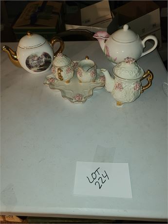 Teapot Lot - Thomas Kinkade Teapot / Morning Glory & Rose Teapot / Cream & Sugar