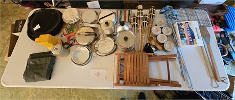 Camping Supply Lot: Cookware, Sterno, Tiki's, First Aid Kit & More