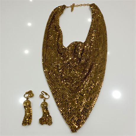 Vintage Whiting & Davis Gold-Tone Chain Mai/Mesh Bib Necklace & Earrings Set
