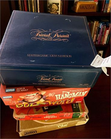 Vintage Board Games Trivial Pursuit, Hangman, Clue, Deluxe Tripoley, Buzzword