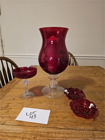 Ruby Glass Large Candle Holder / Ruby Martini Glass & Ruby Ruffle Berry Bowls