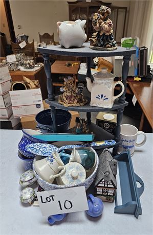 Mixed Blue Decor- Bowls, Salt & Pepper, Creamer, Boyd Bear Figurines,Small Shelf