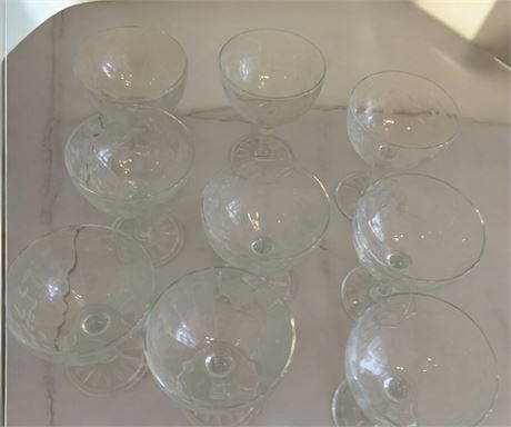 MCM Barware Set of 9 Etched Floral Wine Glasses