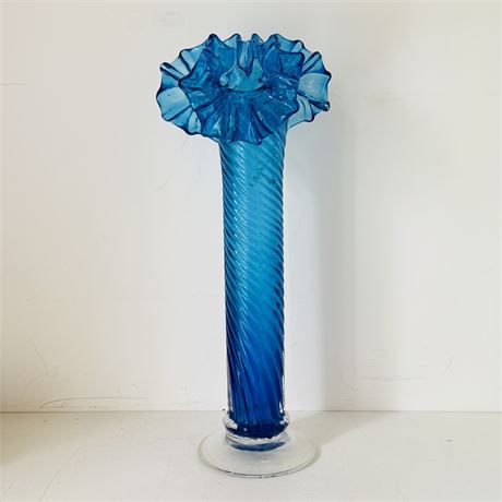Aqua Blue Ruffled Edge Art Glass Vase - 10"T