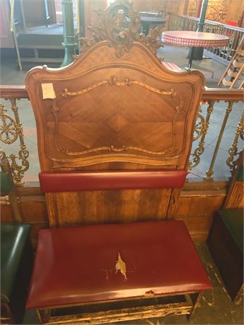 Cushioned Oak Hall Bench W/French Louis XV Style Rococo Bed Frame Back
