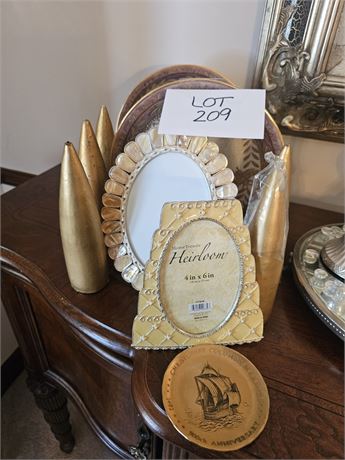 Mixed Goldtone Decor Includes 10” “Bee” Plates, Picture Frames, Candles, & More