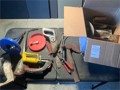 Vintage Hand Tool Lot - Hacksaws, Screwdrivers, Pliers, Small Axe, Tape Measure