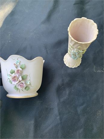 Lefton 1182 Pink Porcelain Vase And Planter Set With Hand-Painted Raised Roses