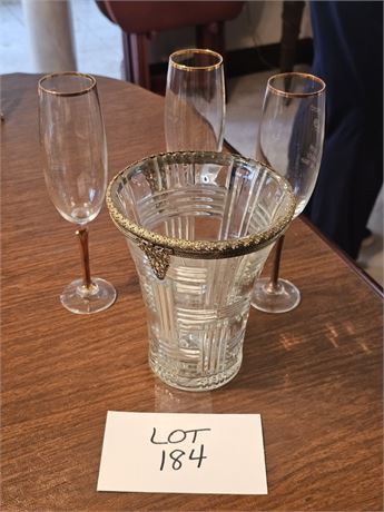 Anchor Hocking Vase Ornate Metal Rim 7”H & Monogram Champagne Flute With Gold Tr