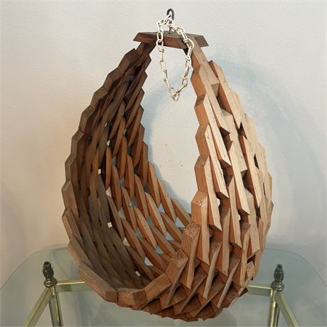 Mid-Century Modern Wooden Basket Hanging Planter - Approx. 19 x 15"