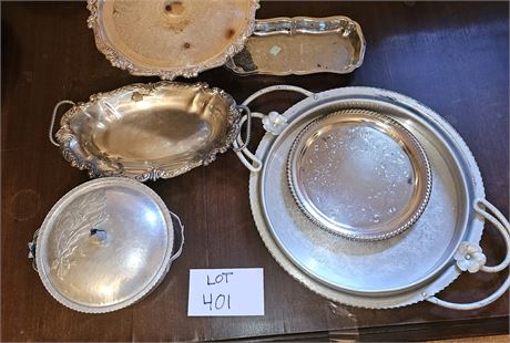Metal Serving Lot- Hammered Tray, Plated Trays & More- Size & Maker Vary