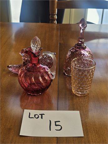 Fenton Cranberry Cruet, Optic Glass Bell, Slipper Shoe & Macbeth Machob Tumbler