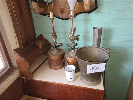 Mixed Home Lot - (2) Rooster Lamps / Tin Floral Vase / Metal Bucket / Wood Shelf