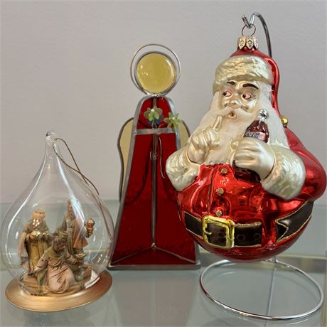 Large Blown Glass Coca-Cola Santa Ornament, Stained Glass & Roman Nativity