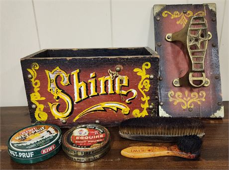 Vintage Shoe Shine Box & Contents
