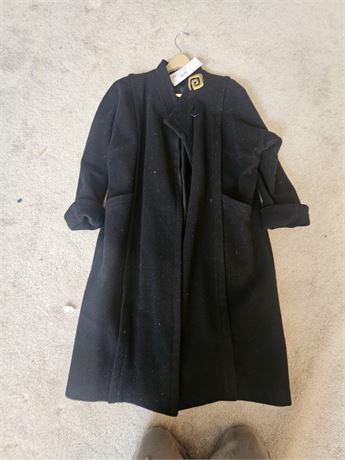 Vintage Long Black Wool Blend Coat - Single Breasted Closure with Brooch
