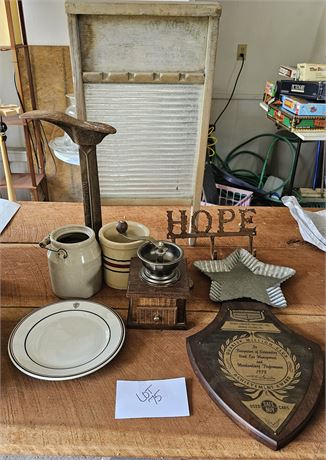 Vintage Washboard, Crocks, Grinder & More