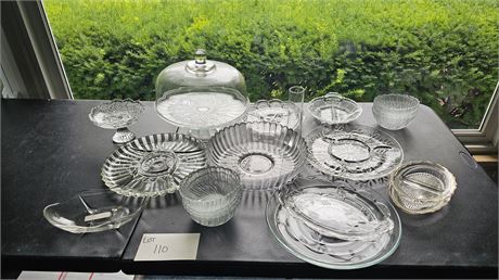 Mixed Clear Glass Lot: Mikasa Snowflake, Lidded Cake Plate, Platters,Bowls &More