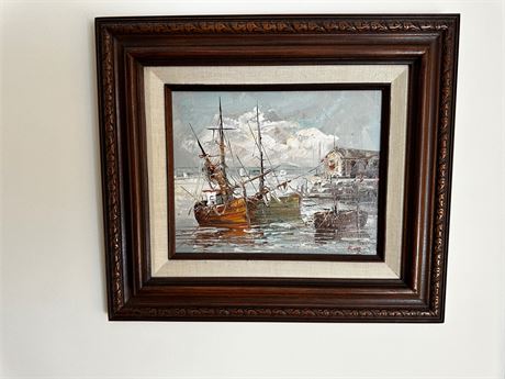 Framed and Signed Painting of Ships