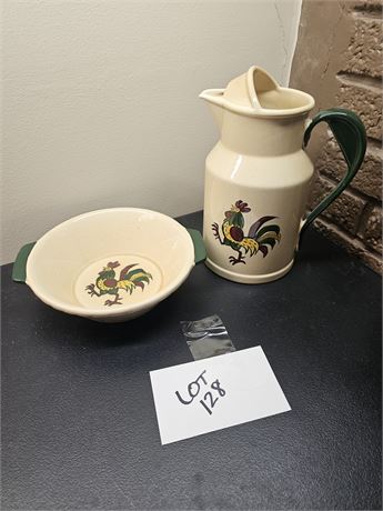 Metlox Poppytrail "Green Rooster" Milk Pitcher & Serving Bowl