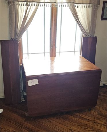 Antique Wood Fold Down Table With Two Leaves