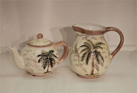 Ceramic Palm Tree Pitcher and Matching Tea Pot