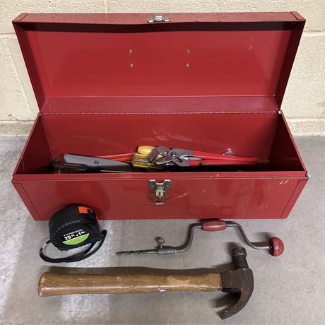 Old Red Metal Toolbox and Contents
